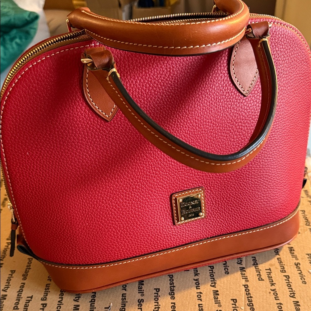 Dooney & Bourke Red Pebble Leather Satchel with Brown Trim